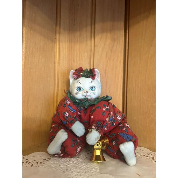 Vintage Ceramic Cat Doll Red Floral Fabric Outfit Bell Ornament Christmas Decor - Picture 1 of 4